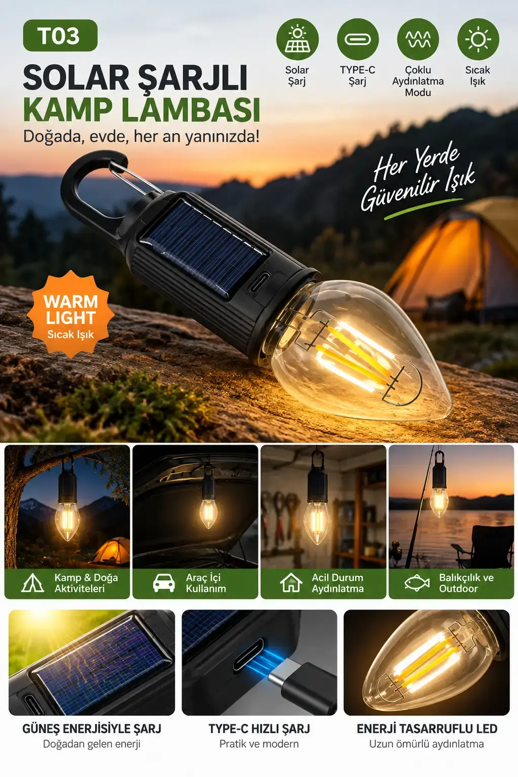 Kamp Lambası – Askılı Taşınabilir - Type-C + Solar Şarjlı